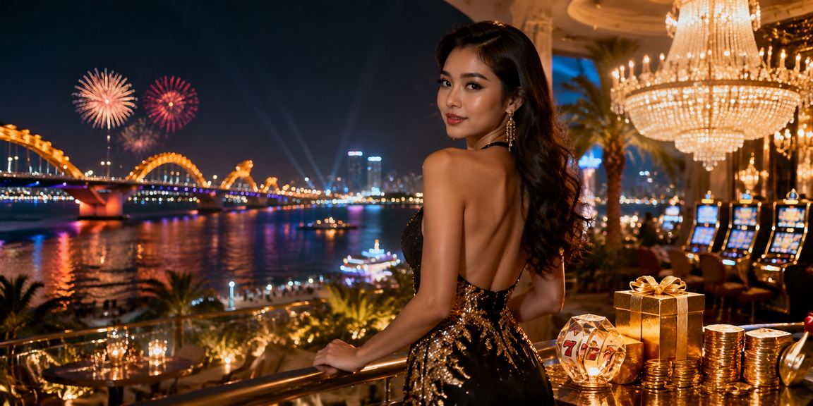 Màn hình trò chơi slot jackpot sôi động tại bãi biển Đà Nẵng về đêm