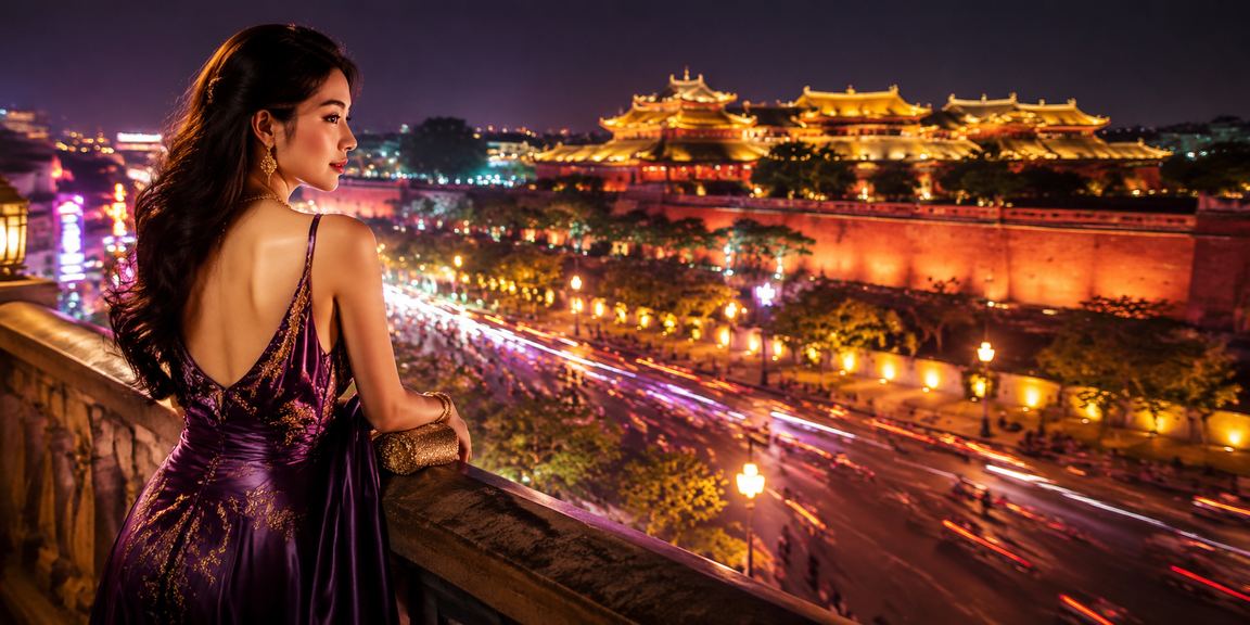 Góc phố Huế về đêm rực rỡ ánh đèn neon bên cạnh không gian giải trí jackpot